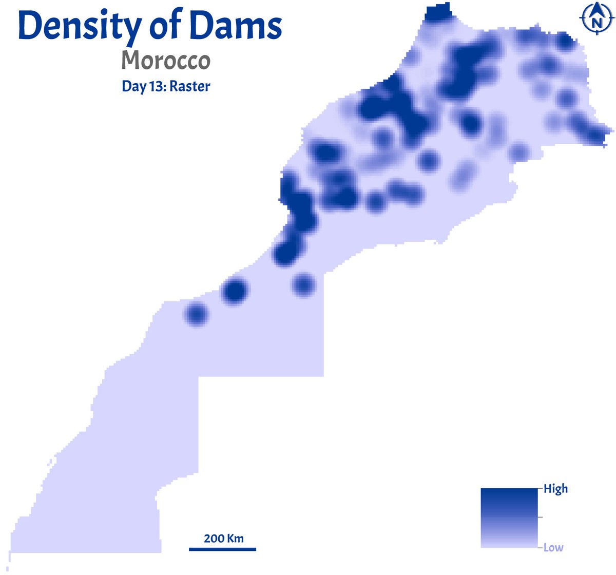 EljarmouniMed's tweet image. #30DayMapChallenge
Day 13: Raster

Density of Dams of Morocco (Kernel Density) 

#KernelDensity #Raster #GIS #Morocco