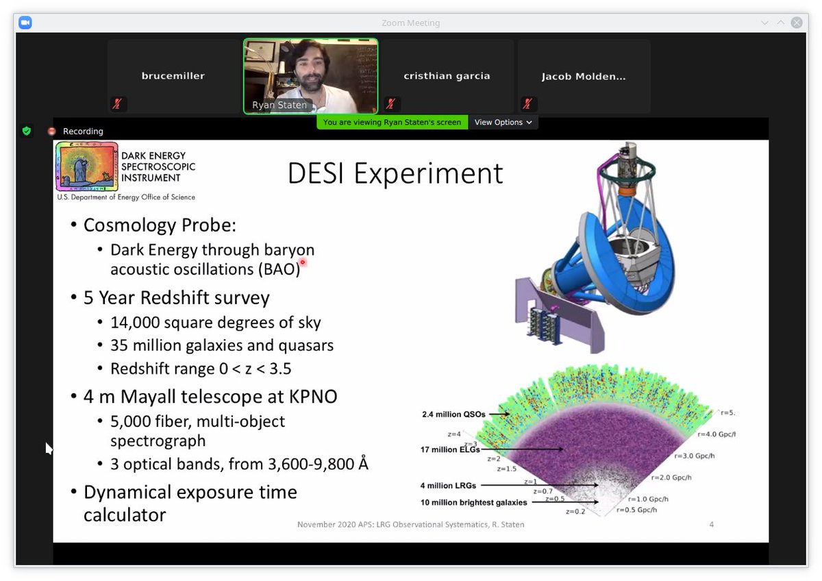 SMUPhysics's tweet photo. Thanks to Ryan Staten and Jodi Cooley for their excellent talks at #TSAPS. Ryan earned his PhD at SMU and continues his work here on the DESI Experiment. @profcooley used her keynote talk to explain ideas for detecting dark matter, exemplified by @SuperCDMS. https://t.co/YKTfUwGQf5