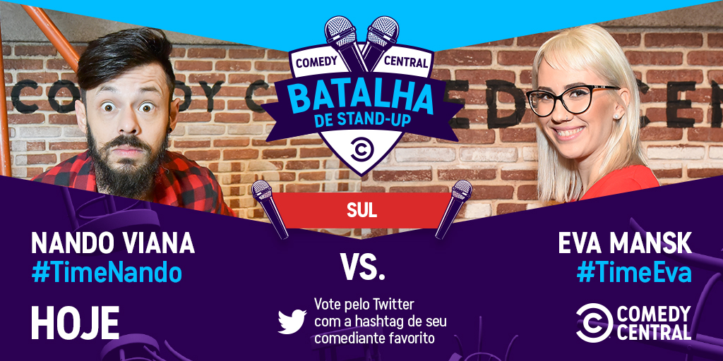ComedyCentralBR's tweet photo. Representando a Região Sul do nosso Brasil, tem #BatalhaDeStandUp entre o #TimeNando e o #TimeEva! Quem merece o seu voto por te fazer RIR MUITO? Tá VALENDO! https://t.co/Cjh80X6uLU