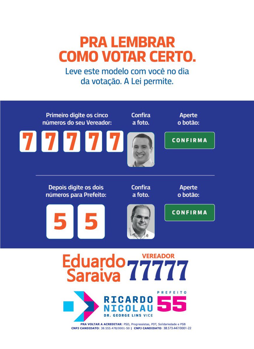 EduSaraivaAM's tweet photo. NÃO ESQUEÇA! 
VOTO CERTO E CONSCIENTE!
 
EDUARDO SARAIVA Vereador
7️⃣7️⃣7️⃣7️⃣7️⃣✅ 
@ricardonicolau Prefeito 
5️⃣5️⃣✅

Por amor a Manaus! ❤️ https://t.co/mqn5rAhr1q