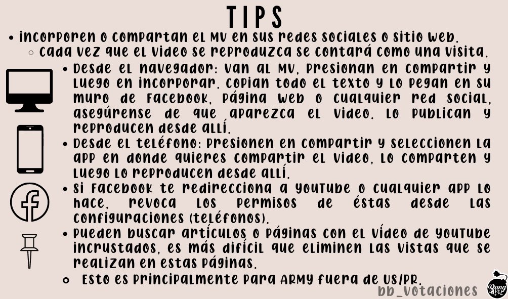 BB_Votaciones's tweet photo. 𝑮𝑼𝑰́𝑨 𝒀𝑶𝑼𝑻𝑼𝑩𝑬🎶

ARMY estamos muy cerca del regreso de nuestros chicos. Preparémonos y acostumbrémonos a realizar un buen streaming.

Les dejamos puntos claves sobre que hacer y que no, y así nuestro trabajo sea reconocido💜

Pongámoslo en práctica🥰

#BTS @BTS_twt https://t.co/eWV6SzfWe4