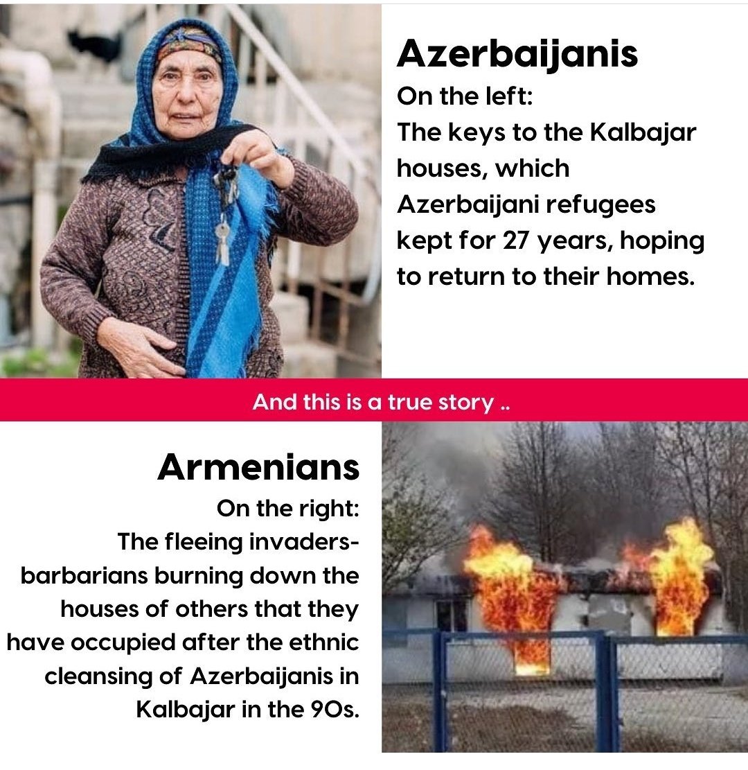 When an owner leaves his house  he locks the door and keeps the keys in his pocket. When a thief leaves someone's house he puts up a fire in it to hide any signs of theft. 
Feel the difference. 
#Kalbajar