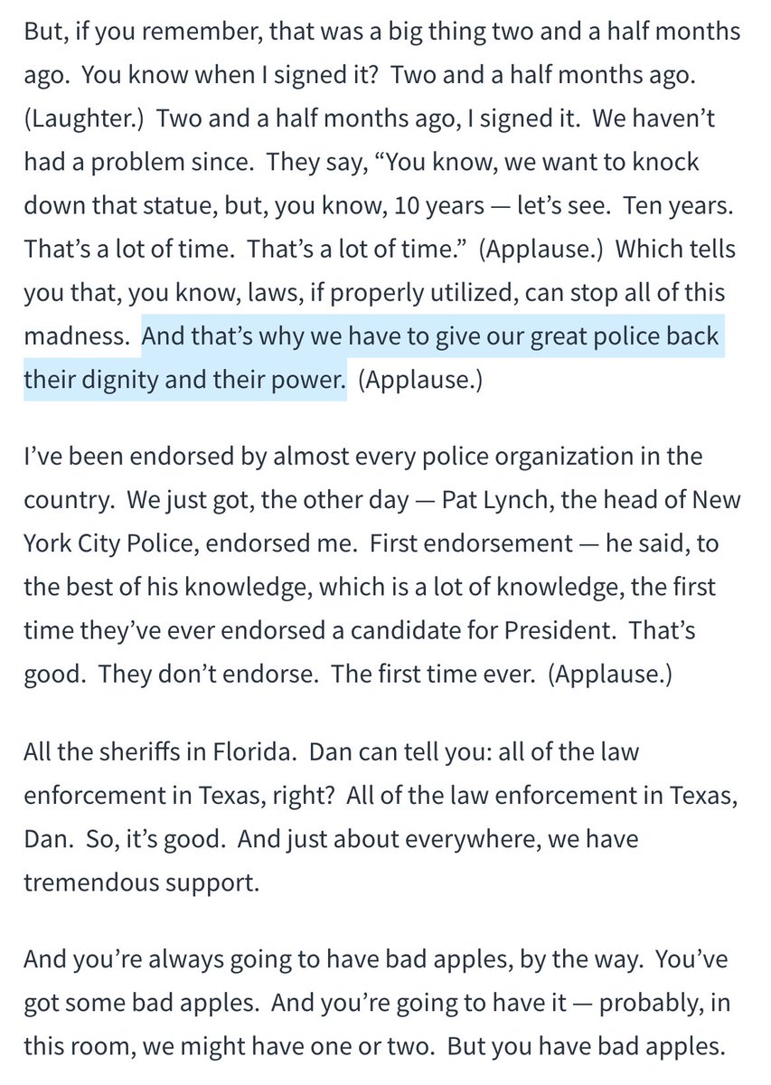 2. In referring to an executive order he signed, he alluded to a time when "they" (presidential administrations?) did "powerful things"3. He segued the speech from "we packed the courts" to "I defeated ISIS" right, "law and order", and "radical-left"