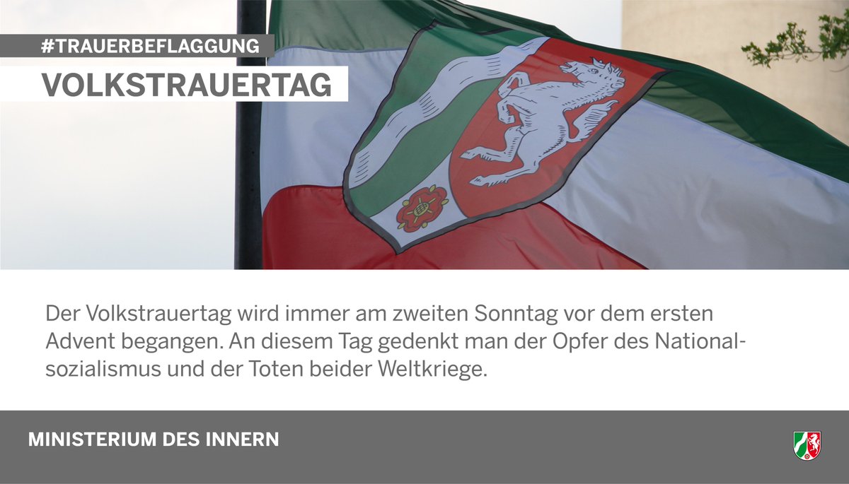 Heute werden die Flaggen auf #Halbmast gesetzt.
Der #Volkstrauertag ist nicht nur ein #Gedenktag. Er steht auch als Mahnung für Versöhnung, Verständigung und Frieden. <a href="/hreul/">Herbert Reul</a> #Trauerbeflaggung #Beflaggung