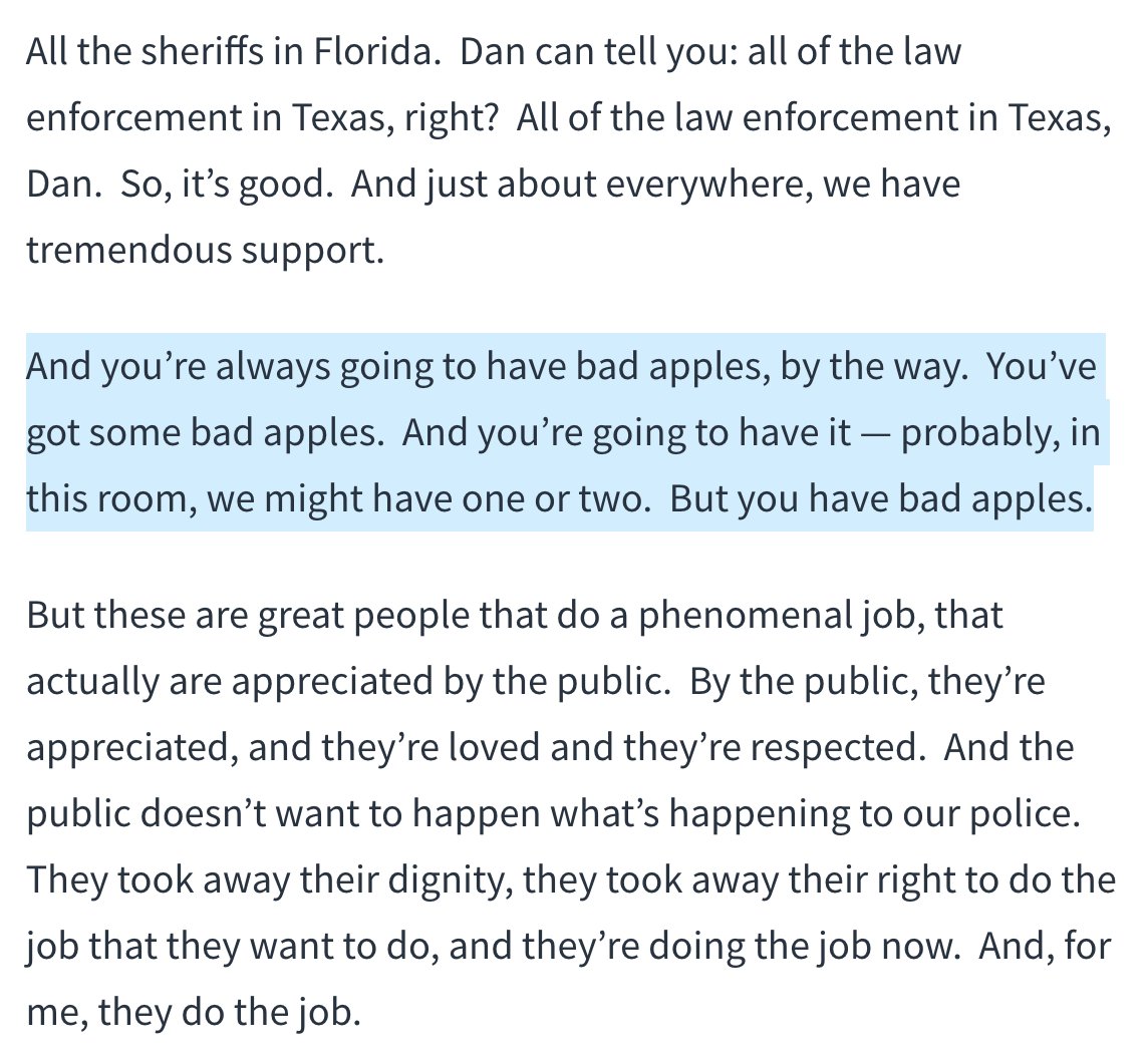4. He distances/future-proofs himself against any bad actors in the audience by making a reference to "bad apples" in the context of law enforcement.5. Here he accuses Democrats of trying to execute similar strategy to the CNP's own stated agenda [spiderman pointing gif]