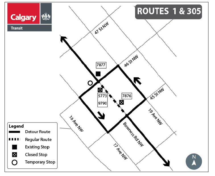 calgarytransit's tweet photo. #CTRiders Starting Friday, November 13 at 6 p.m. and continuing until Monday, November 16 at 5 a.m., parts of Bowness Road N.W. will be closed to accommodate underground utility work. #Route1 and #Route305 will be detoured. Follow link for details  https://t.co/uH3dJpVmzN https://t.co/26GTElQyUB