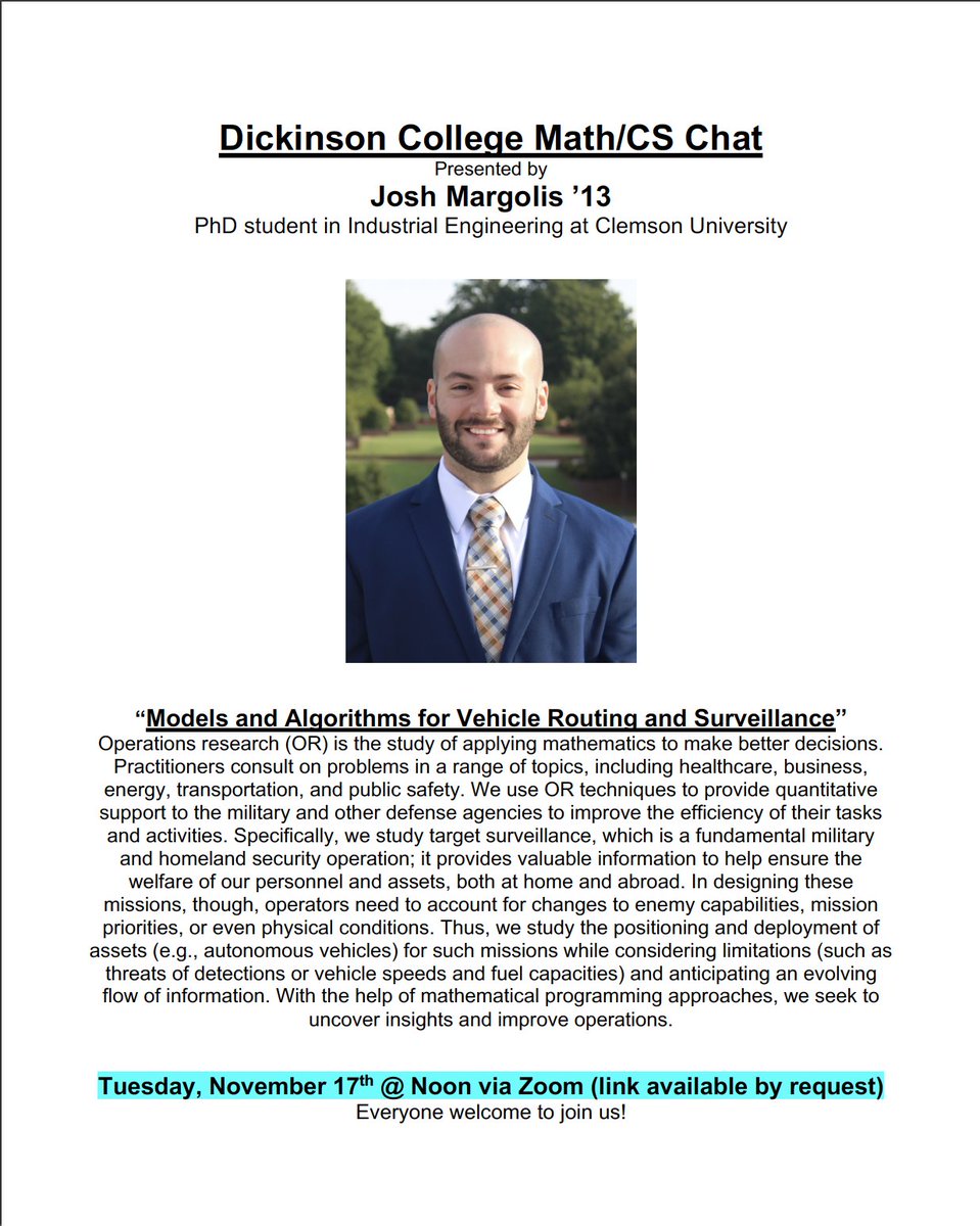 jtmargolis's tweet photo. Looking forward to presenting at my #almamater, @DickinsonCol, on Tuesday, 11/17 @ 12pm EST during a #MathCSChat. Zoom link is available by request. #orms #PhDChat #TomeIsHome #undergraduate https://t.co/JTParMFMQc