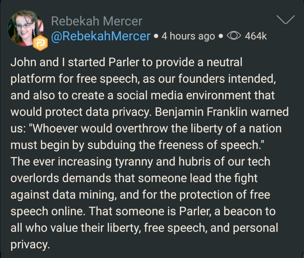 CCHQPests's tweet photo. After starting the whole Cambridge Analytica thing with her Dad, Rebekah Mercer has this to say about her involvement in Parler.
#liberty #freespeech #electionhacking #scl #cambridgeanalytica #privacy #dataprivacy #datamining #parler
#gaslighting #mindfuck
@chrisinsilico https://t.co/Gx0T3QxMdg