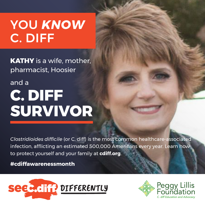 PeggyFund's tweet photo. As a #pharmacist Kathy never thought that she would become a #statistic. #Cdiff is no longer a disease of the elderly, it impacts low-risk groups, adults 20-64 yrs, children, and healthcare workers. https://t.co/ZgYGH6EjGa. #seecdiff #cdiffawarenessmonth #youknowcdiff https://t.co/N9AAa8Xw77