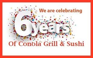 ConolaGrill's tweet photo. It's Conola Grill &amp; Sushi's 6 Year Anniversary! It has been a wild ride opening up our little restaurant, awesome customers, &amp; dealing w/2020.
Thank you to our amazing customers, hard working staff, and Will, my loving husband who has been on this jouney w/ me, you are the best! https://t.co/5zEu0iz3Mm