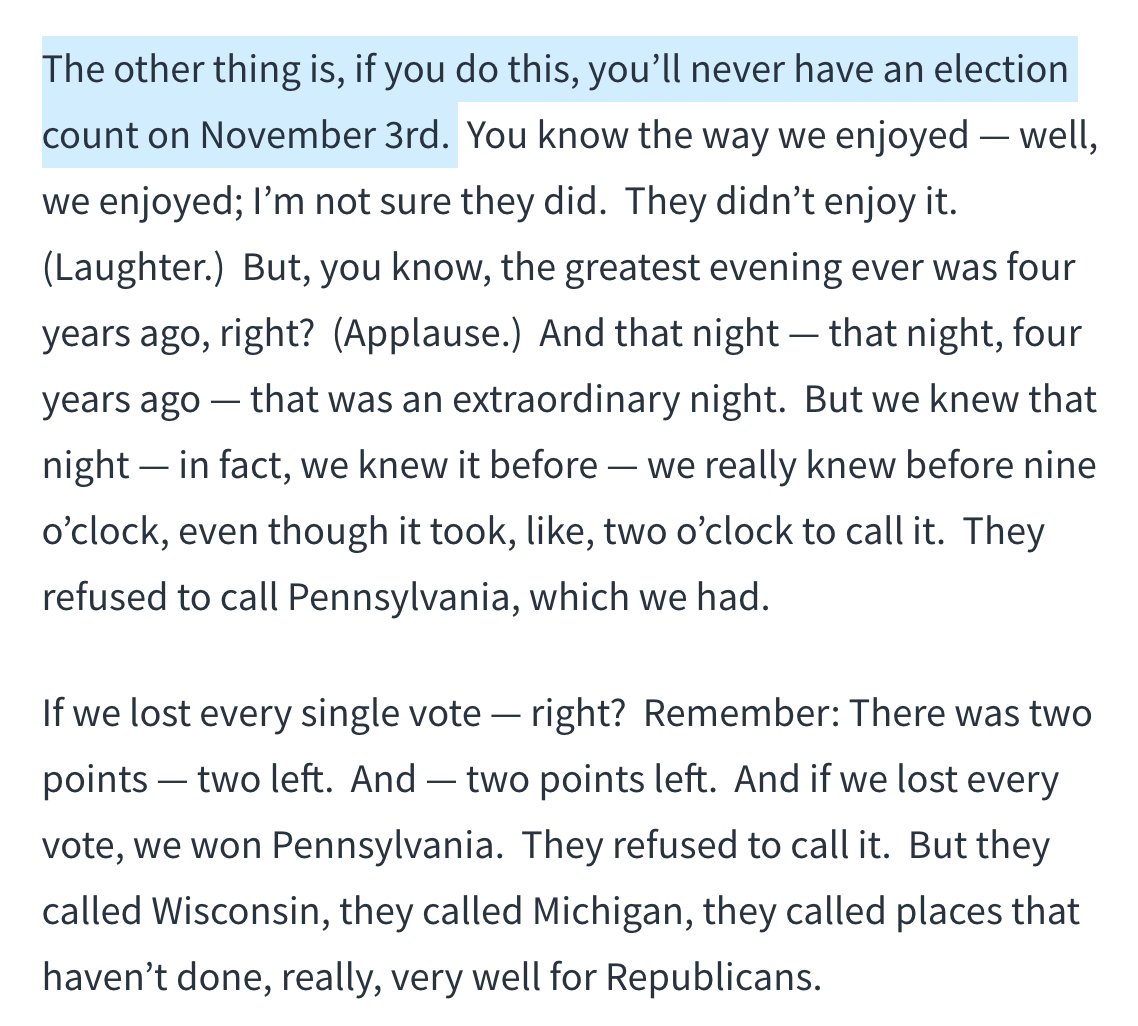 7. He went on to delegitimize the future election, casting doubt on the legitimacy of mail-in ballots, having previously stated earlier in the speech that Democrats wanted to eliminate requirement for voter IDs to enable election fraud.This is all foreshadowing.