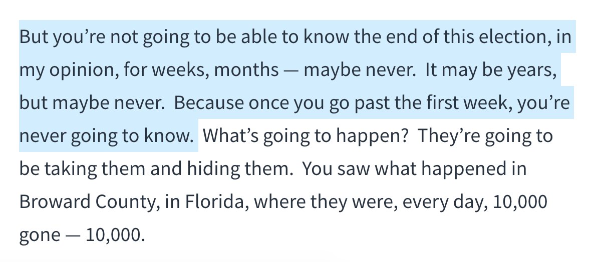 7. He went on to delegitimize the future election, casting doubt on the legitimacy of mail-in ballots, having previously stated earlier in the speech that Democrats wanted to eliminate requirement for voter IDs to enable election fraud.This is all foreshadowing.