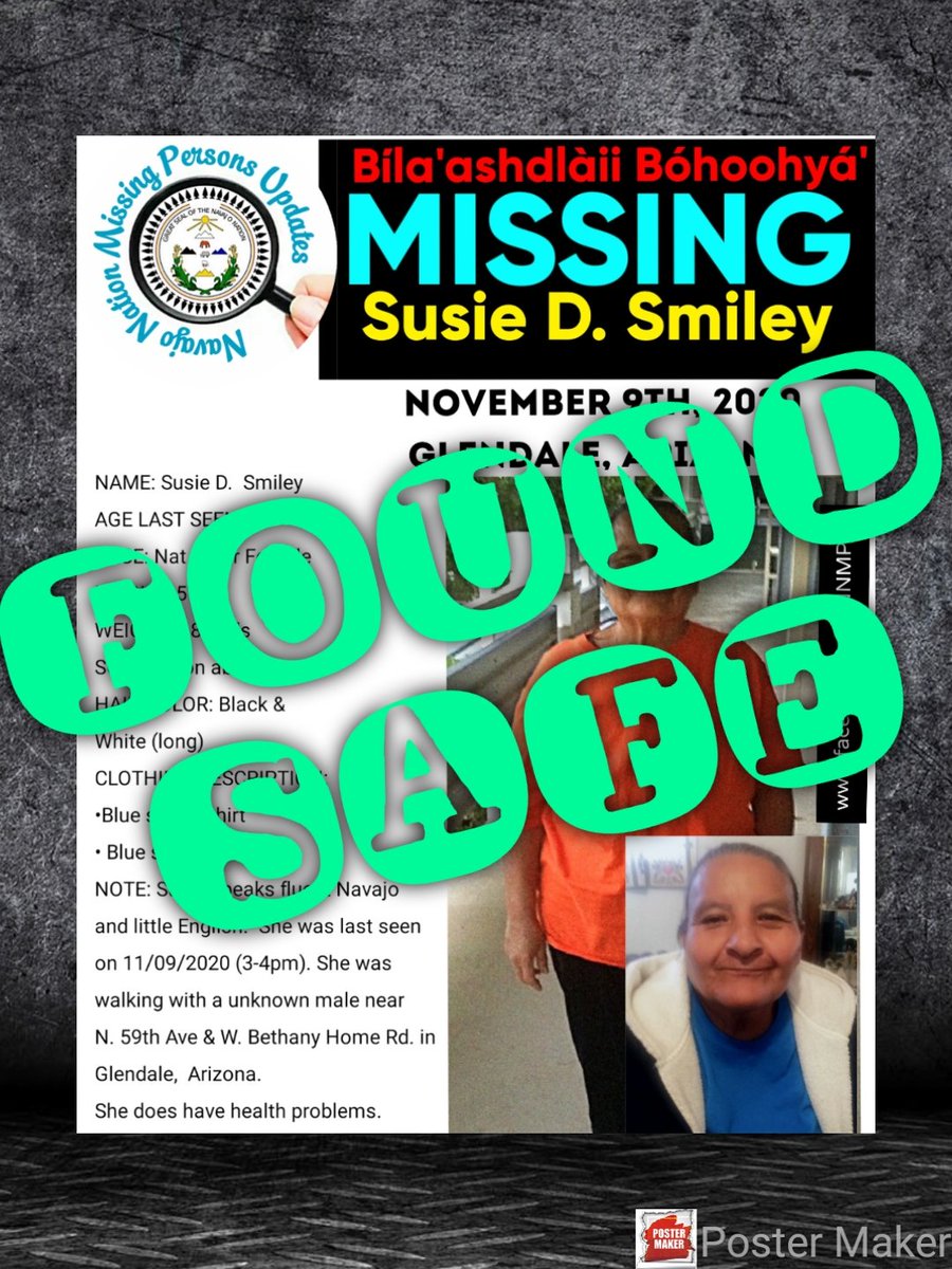 NNMPU1's tweet photo. UPDATE: 11/14/2020
🚫SILVER ALERT CANCELLED🚫
✅✅✅✅✅✅✅✅✅✅
Susie Smiley has been found safe.
Glendale, Arizona on 11/9/20

#NavajoNationMissingPersonsUpdates #NNMPU https://t.co/hoDZQdZNd4