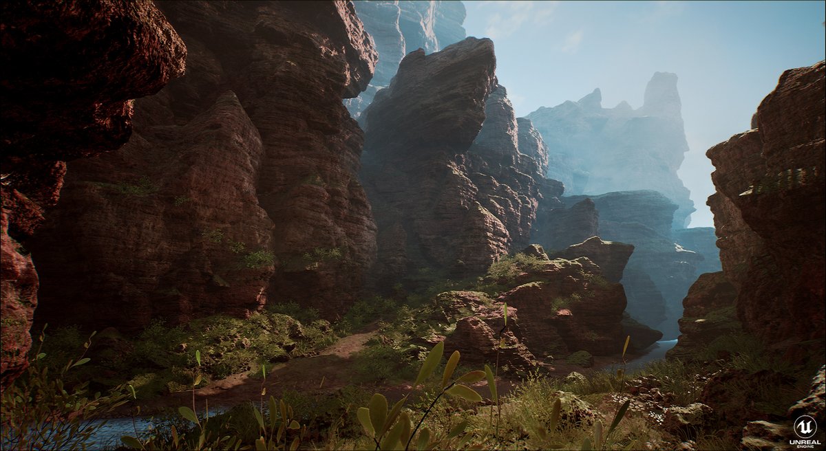Procgen is not only great for placing assets, it's also fantastic for creating them, saving your artists months (or years) worth of work. Rocks and cliffs are an ideal candidate. Trees area already procedural thanks to SpeedTree. (art: David Garrett on Artstation)