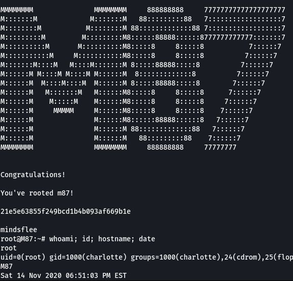 roelvb79's tweet photo. ✅ Root @ '𝗠𝟴𝟳'. An easy VM from @VulnHub made by @mindsflee. #CTF #hacking #linux 👨‍💻 https://t.co/AGJ6DPRVBk