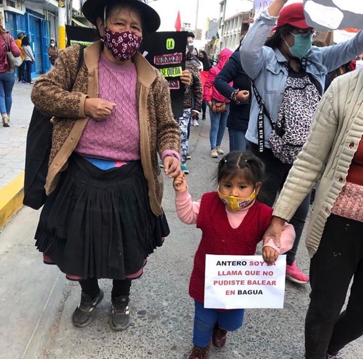 Some sad Peruvian history:The little girl's sign reads "Antero, I am the llama you couldn't burn in Bagua"Who is Antero? What is Bagua?In 2009, Peruvian forces murdered Native people holding a blockade to prevent a US transnational company from invaded their land