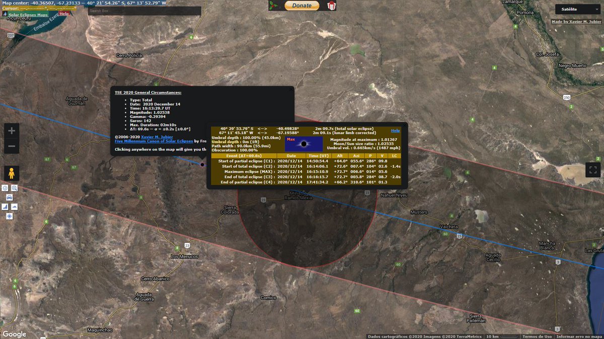 juniorfelippe's tweet photo. Caros,

Por força maior, não comparecerei ao eclipse solar do dia 14 de dezembro. Aos que forem, recomendo fortemente a coordenada em graus decimais (-40.4982,-67.1959), pois é a mais próxima interseção entre o ponto de máxima duração e a RN23, totalizando 2 min e 9 s de eclipse. https://t.co/VU9Geg3OKV