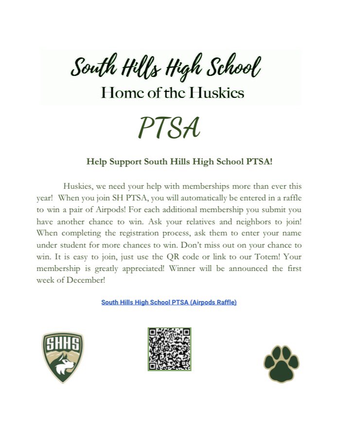 shhs_ptsa1's tweet photo. Attention Huskies! We need help with memberships! When you join PTSA and purchase a membership you will be entered into a raffle to win Airpods! Encourage family members to join as well! *Raffle information is on the SHHS website* Don’t miss out on this opportunity! 💚💛🐾 https://t.co/585ijnRliA