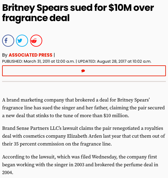 Jeff Raymond would come to manage the press operation that sought to keep Britney silenced. The first time his name appears as Britney's publicist was in 2011 when Brand Sense was suing Lou Taylor for breach of contract. He declined to comment.  #FreeBritney