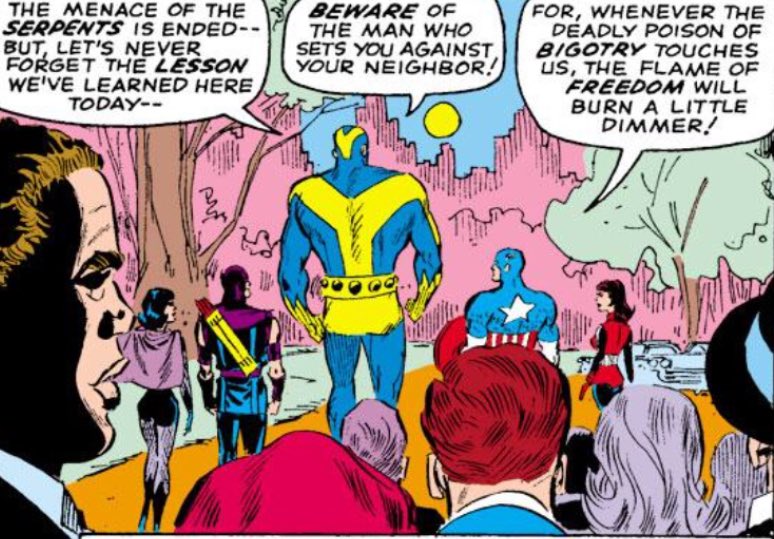 DailyAvengersHQ's tweet photo. For anyone who thinks comics are not political - they’ve always been. Often times it’s subtle, other times it’s obvious. #EndRacism #EndRacism4Life #StopTheHate #BeTheHero #Avengers #EndSupremecy #EndHate #EndHatred #EndH8 https://t.co/zs7CNOfUwx