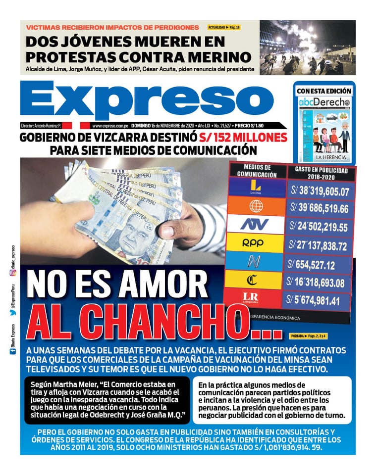 ExpresoPeru's tweet photo. 🗞¡Esta es la portada del Diario Expreso para este domingo 15 de noviembre del 2020! https://t.co/CCiJ1NJ0LN