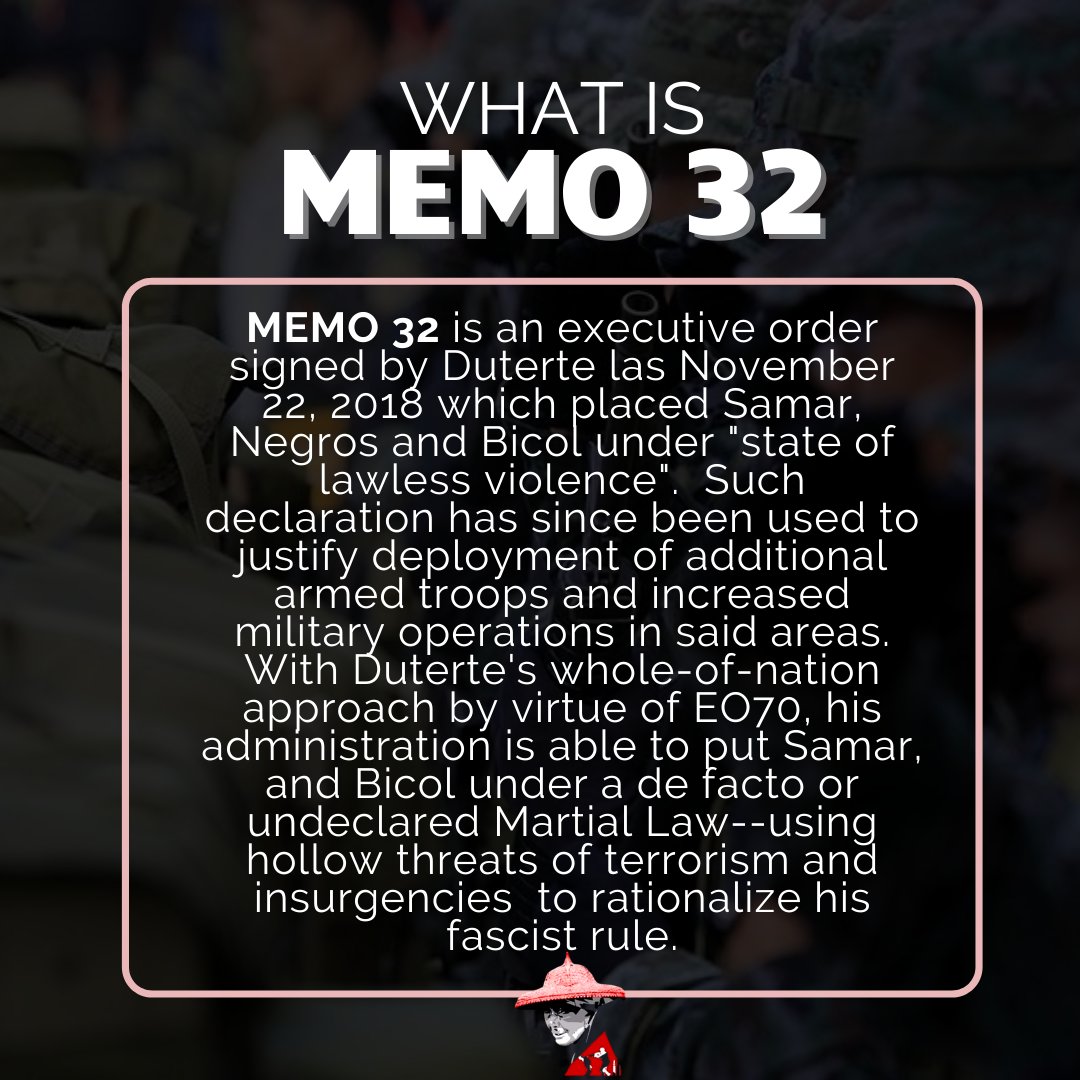 RepealMO32's tweet photo. November 22, 2018 when the islands of Bicol, Negros, and Samar were placed under a de facto martial law in the face of Memorandum Order No. 32

What is Memo 32?

#EndDeFactoMartialLaw
#StandWithSamarLeyte
#Memo32Ibasura https://t.co/0q9fGJ48B4