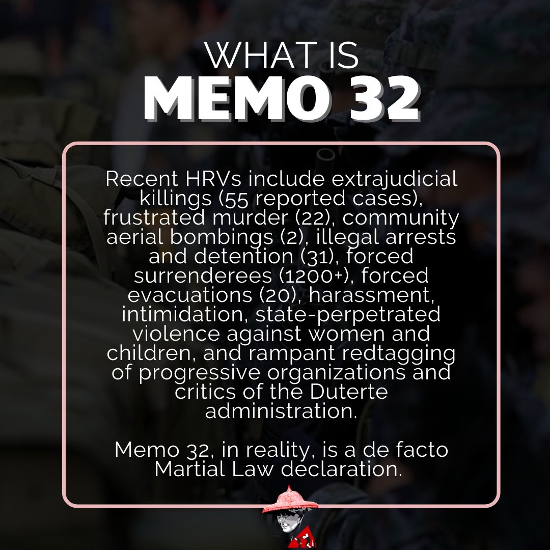 RepealMO32's tweet photo. November 22, 2018 when the islands of Bicol, Negros, and Samar were placed under a de facto martial law in the face of Memorandum Order No. 32

What is Memo 32?

#EndDeFactoMartialLaw
#StandWithSamarLeyte
#Memo32Ibasura https://t.co/0q9fGJ48B4