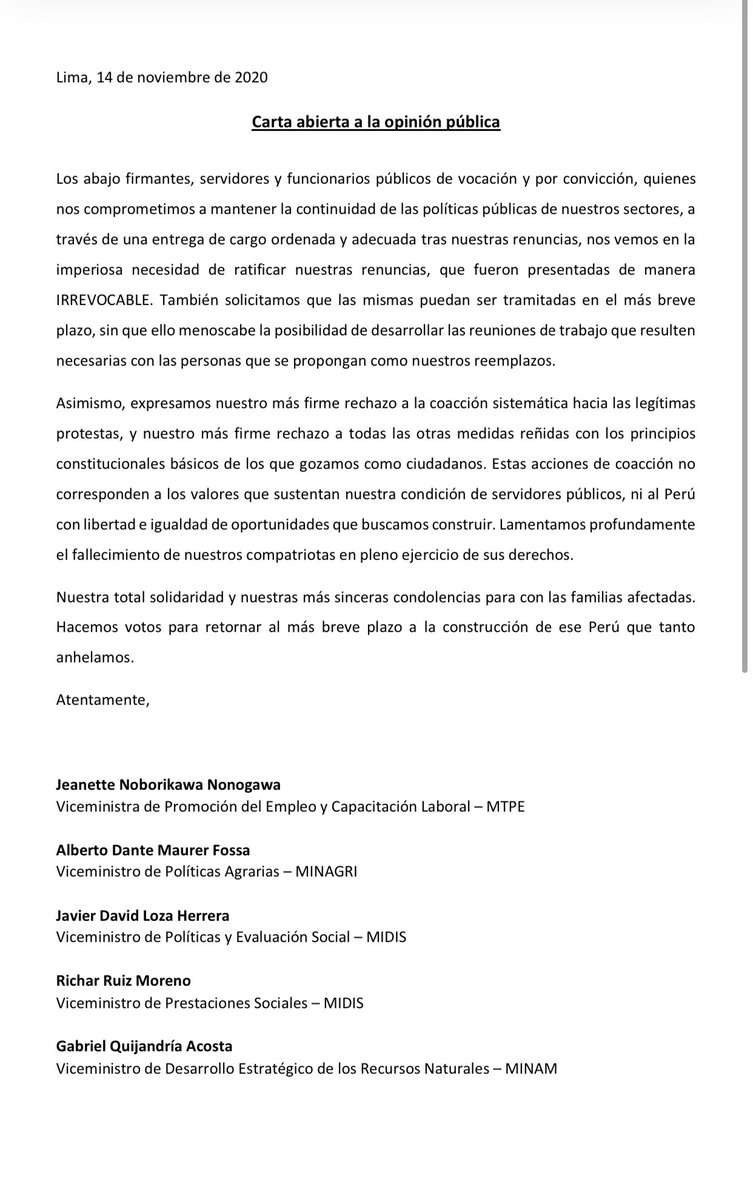 IDL_R's tweet photo. #Último Doce viceministros renuncian irrevocablemente y expresan su “rechazo a la coacción sistemática hacia las legítimas protestas”. https://t.co/0jHpypqdkM