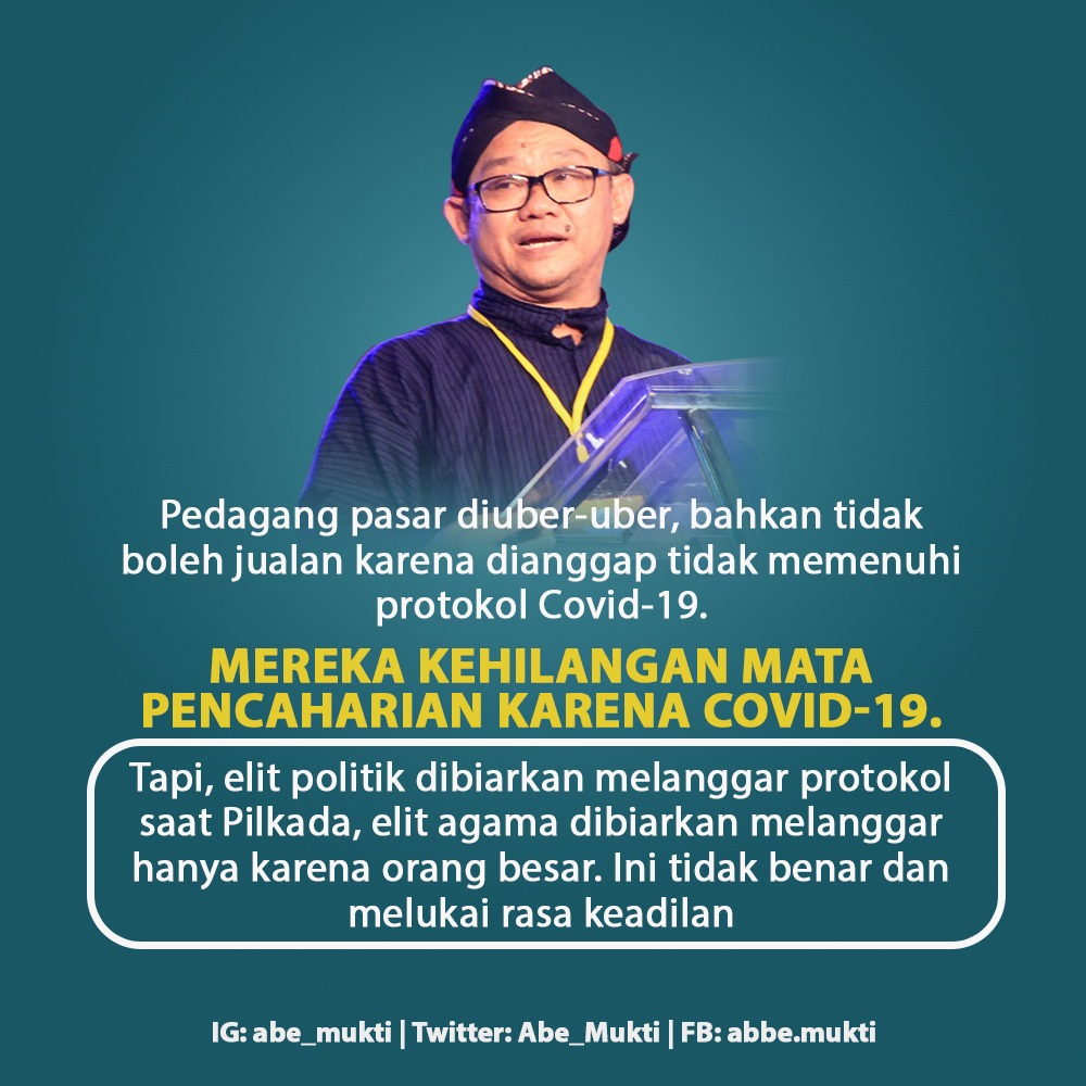 Abe_Mukti's tweet photo. Pedagang pasar diuber-uber, bahkan tidak boleh jualan karena dianggap tidak memenuhi protokol Covid-19. Mereka kehilangan mata pencaharian karena Covid-19. Tapi, elit politik dibiarkan melanggar protokol saat Pilkada, elit agama dibiarkan melanggar hanya karena orang besar... https://t.co/i4fgmhAHZu