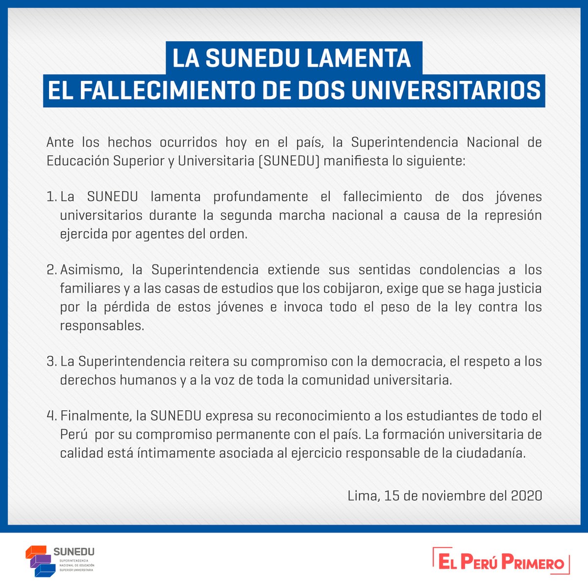 SuneduPeru's tweet photo. 🚨 #COMUNICADO Ante los hechos ocurridos hoy en el país, la #Sunedu manifiesta lo siguiente. https://t.co/qHxcyFWMG5