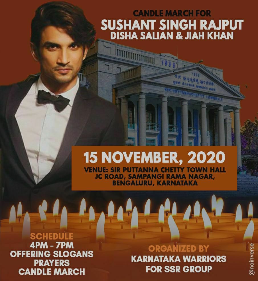 KirtiSweta's tweet photo. Pls join the biggest campaign,Bengaluru warriors come on &amp; make it huge number 💪🏻Candle March Fr Sushant &amp; Disha &amp; Jiah 15 Nov'20
Venue:Sir Puttanna Chetty Town Hall
JC Road,Sampangi Rama Ngr Bengaluru,Karnataka. 
Schedule:4PM-7PM Offering Slogans Prayers
#WhoKilledOurSushant https://t.co/d0pq8fOd9X
