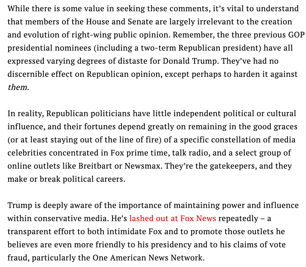 This is the key portion of French's article, in which he notes what I mentioned above (that establishment GOP politicians don't have much influence with the base): 7/