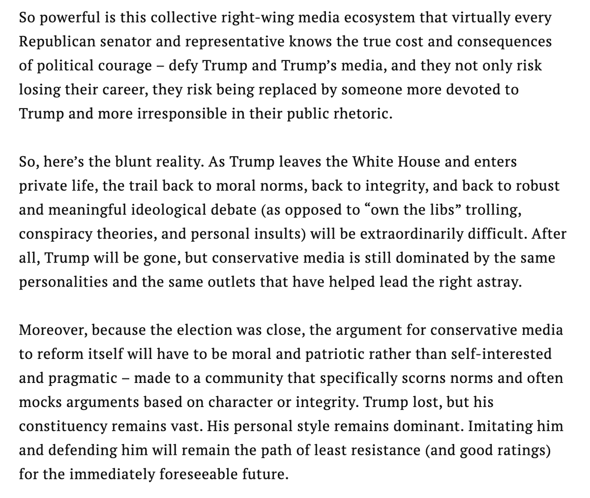 The key -- and a big part of the reason that congressional Republicans are treating Trump the same now as before the election -- is that "conservative media is still dominated by the same personalities and the same outlets," and they are still boosting Trumpism: 8/