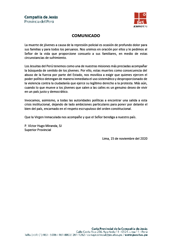 jesuitasperu's tweet photo. Comunicado de los Jesuitas del Perú frente al duro momento que atraviesa el país. https://t.co/pux4hn7Kka