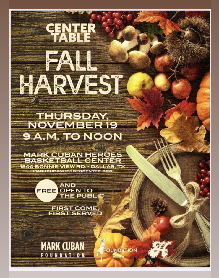 We invite you to register or share w/ others about our monthly upcoming Center Table food giveaway w/ mcuban <a href="/FoundationDn/">The DN Foundation</a> <a href="/HeroesCelebrity/">HeroesBaseball</a> foundations on Thursday, Nov 19 from 9 am - 12 Noon CST <a href="/center_cuban/">Mark Cuban Heroes Basketball Center</a> To register, visit markcubanheroescenter.org