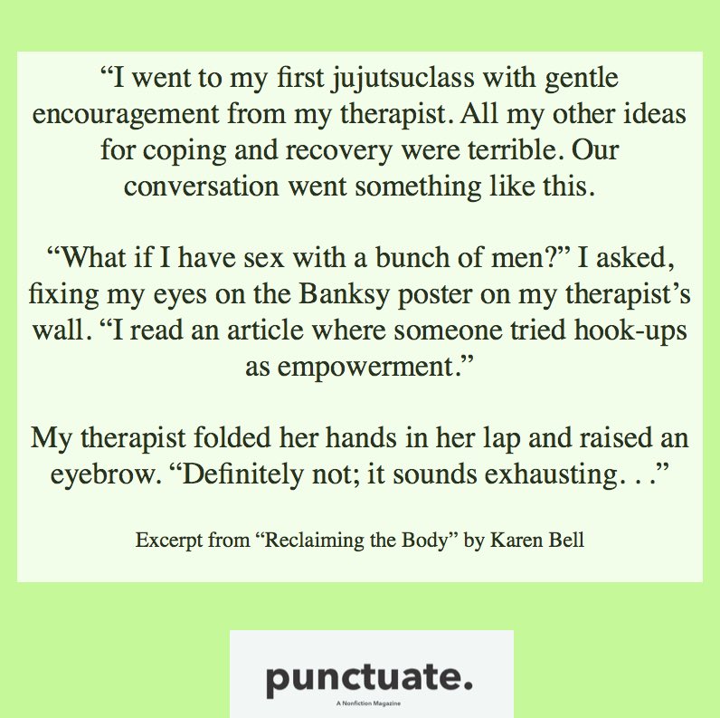 MagPunctuate's tweet image. Bringing back Karen Bell’s essay about dealing with PTSD: “Reclaiming the Body”. Check it out here: blogs.colum.edu/punctuate/kare…

#nonfiction #literarymag #literarymagazine #literaryjournal #fiction #poetry