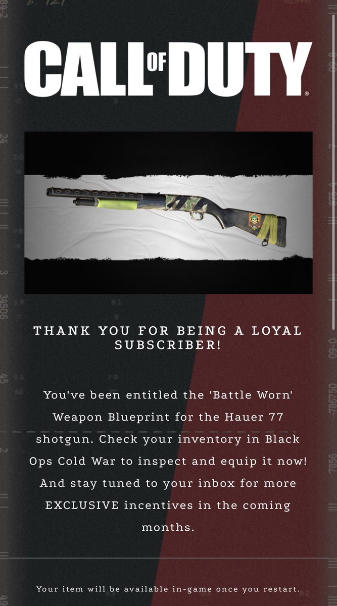 charlieINTEL's tweet photo. Activision has started to send out emails with a redemption code for the bonus Shotgun blueprint you get for subscribing to Call of Duty email alerts. https://t.co/G4Le4B750K