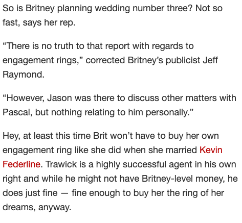 Jeff Raymond was frequently involved in articles throughout Britney's relationship with Jason Trawick. Here he is denying engagement rumors.  #FreeBritney