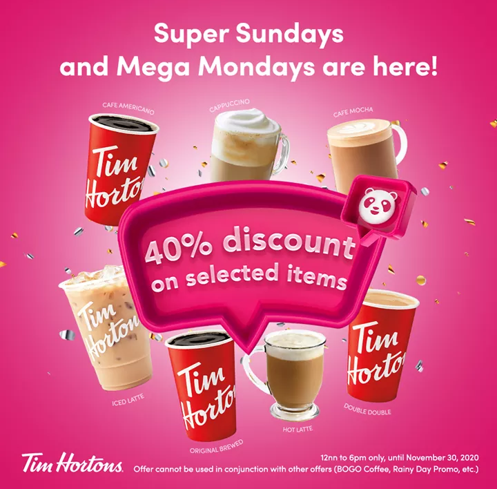 lawrencium03's tweet image. Get a 40% discount when you order your Tim Hortons coffee fix every Sunday and Monday via @foodpandaPH from 12nn to 6pm👌🏻

Promo until November 30, 2020. Offer cannot be used in conjunction with other Tim Hortons offers. #TimHortonsPH