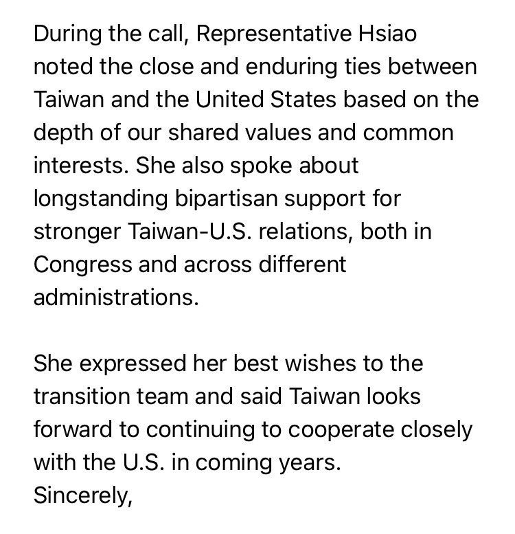 8)  @TECRO_USA (Taiwan’s de facto embassy in Washington) has released a readout of the call between Hsiao and Blinken. Have asked if there will be one from Biden’s camp.