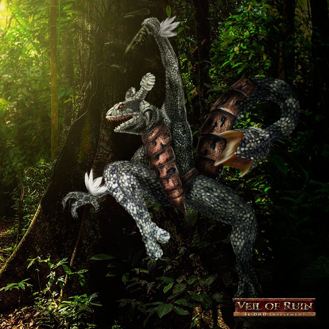 ProDarkWater's tweet photo. Taloc occupy a large portion of the jungles of Orman. Their appearance is that of a tall and slender bipedal lizard, sporting razor sharp claws and a mouth filled with rows of serrated teeth. 

#tabletop #boardgames #kickstarter #dnd #veilofruin #games #rpg #ttrpg #gaming https://t.co/CcvIfK8oY7