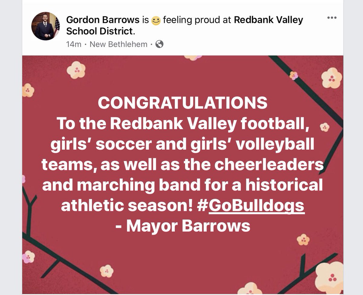 GordonBarrows's tweet photo. CONGRATS: To the Redbank Valley football, girls’ soccer and girls’ volleyball teams, as well as the cheerleaders and marching band for a historical athletic season! - Mayor Barrows

#Bulldogs #Sports #HighSchool #NewBethlehem #RedbankValley #Congrats #Football #Soccer #Volleyball https://t.co/IOZRkAfcok