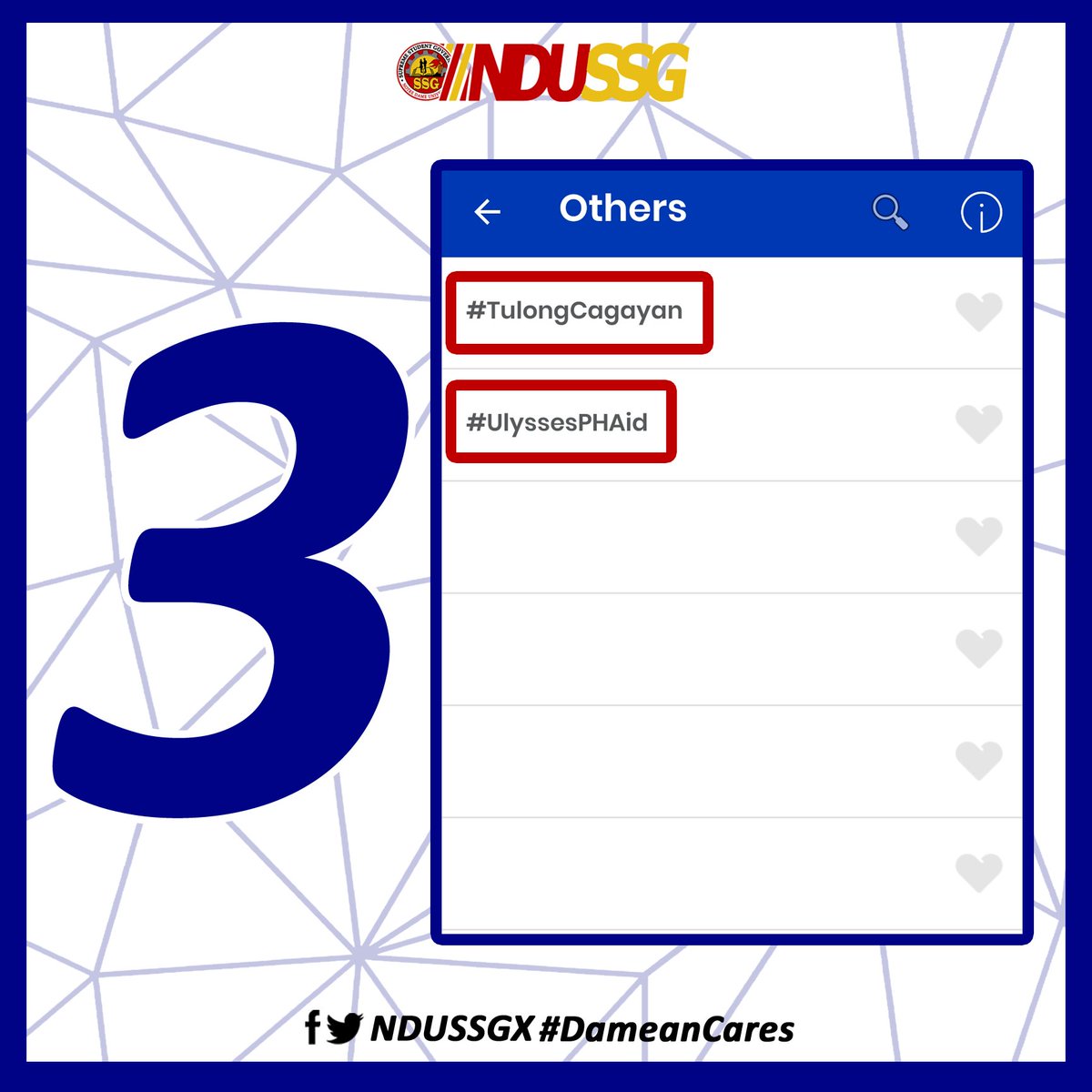NDUSSGX's tweet photo. GIVING HELP IS AS EASY AS 1-2-3! Igniting the spirit of FIRES within us, it is time to lend a hand. Little help could make a big difference. Beware of scammers! #RescuePH #DameanCares https://t.co/BPhO4LYHMv