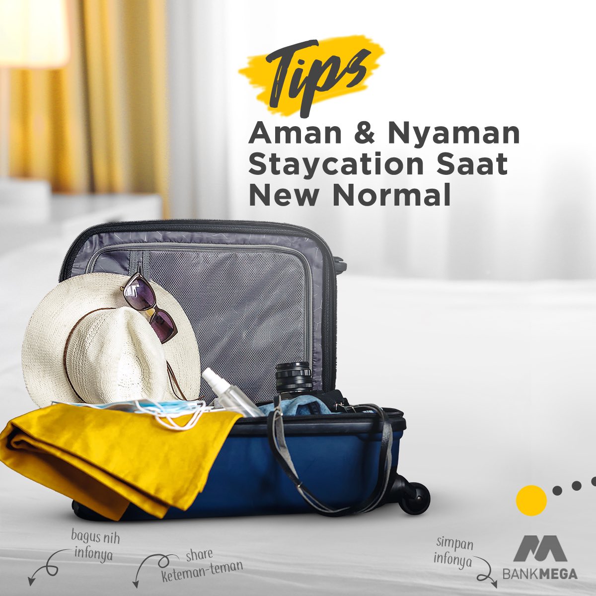 BankMegaID's tweet image. Siapa disini yang udah kangen sama traveling? Karena belum bisa jauh-jauh kenapa gak cobain staycation di pilihan hotel #BarengMega aja?⁣
⁣
Tapi sebelumnya simak dulu yuk #MegaTips aman dan nyaman saat staycation berikut ini.