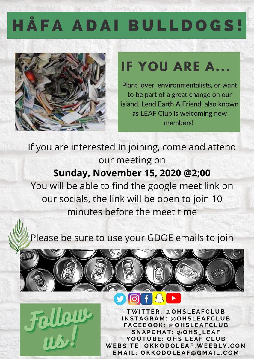 OHSLEAFCLUB's tweet photo. Håfa Adai Leafies!🌱 
We will be holding a general meeting today @ 2:00 PM with a special guest joining us! Share these to your fellow classmates and encourage friends to join! 
- The LINK is in our BIO! 😊 https://t.co/8sk3HNxnNa