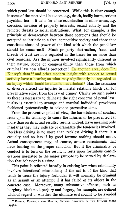 A few years after Kinsey's book, a paper in Harvard Law review wonders if should revise what is and isn't criminal based on his workThe Challenge of a Model Penal CodeHerbert WechslerHarvard Law ReviewVol. 65, No. 7 (May, 1952), pp. 1097-1133 https://www.jstor.org/stable/1337048&nbsp;