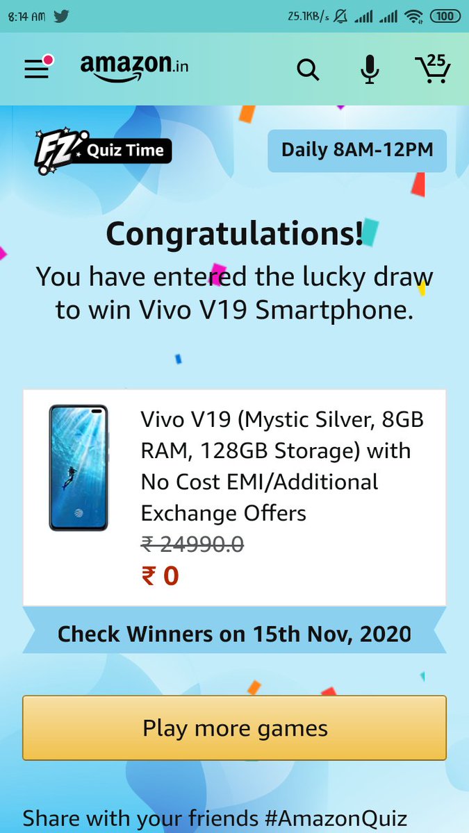 SurajJoshi875's tweet photo. @amazonInQuiz #AmazonQuiz 
#QuizTimeMoringsWithAmazon 
#quiztimemorningwithamazon 
#Quiztimemorningswithamazon 
#VivoV19 https://t.co/4HG9veaNaq