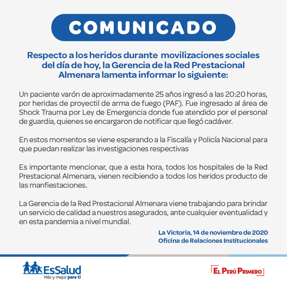 EsSaludPeru's tweet photo. #EssaludInforma Respecto a los heridos durante movilizaciones sociales del día de hoy, la Gerencia de la Red Prestacional Almenara lamenta informar lo siguiente: https://t.co/GjztMPkOIa