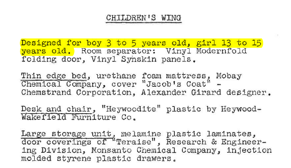 crankysomething's tweet photo. One of the documents from the Monsanto archives listed every part of the House of the Future, and what they were for. One of the oddities we found. Where did the kids go before and after these ages? https://t.co/Wgqs9HOXfr