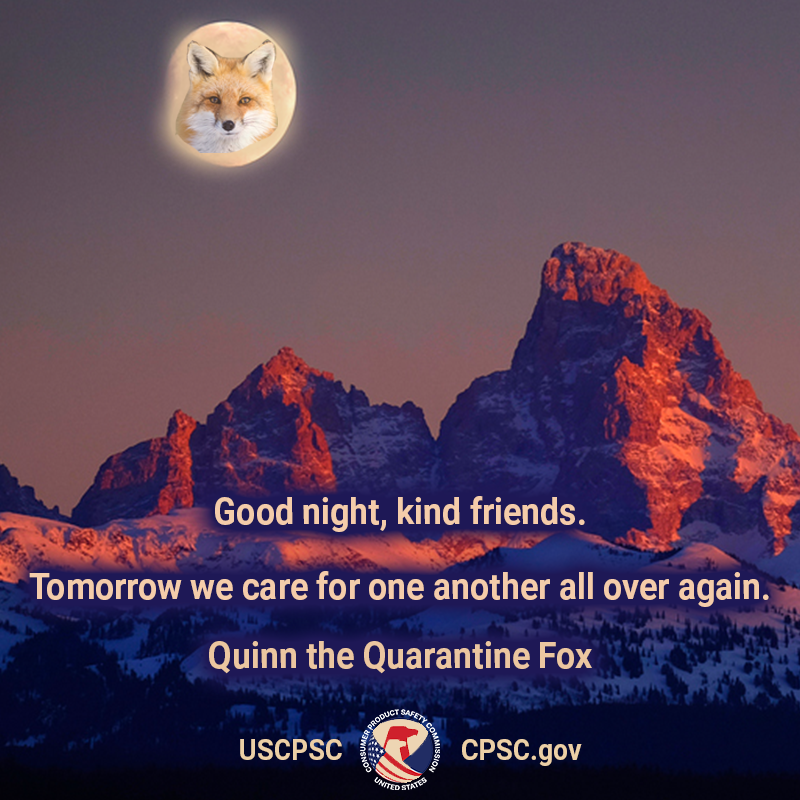 A fox in the moon over a mountain range in Utah. The text reads: Good night, kind friends. Tomorrow we care for one another all over again. - Quinn the Quarantine Fox.